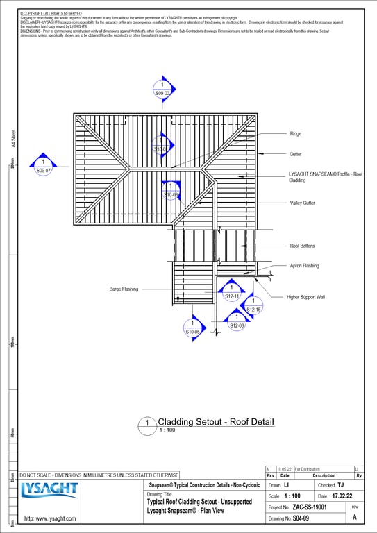 Navigate to S04-09 - Typical Roof Cladding Setout - Unsupported Lysaght Snapseam® - Plan View