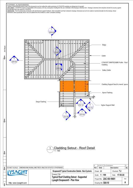 Navigate to S04-10 - Typical Roof Cladding Setout - Supported Lysaght Snapseam® - Plan View