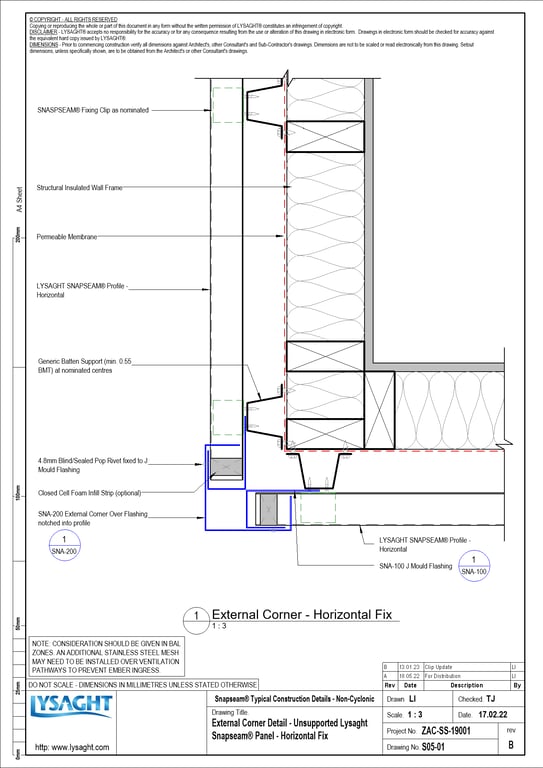 Navigate to S05-01 - External Corner Detail - Unsupported Lysaght Snapseam® Panel - Horizontal Fix
