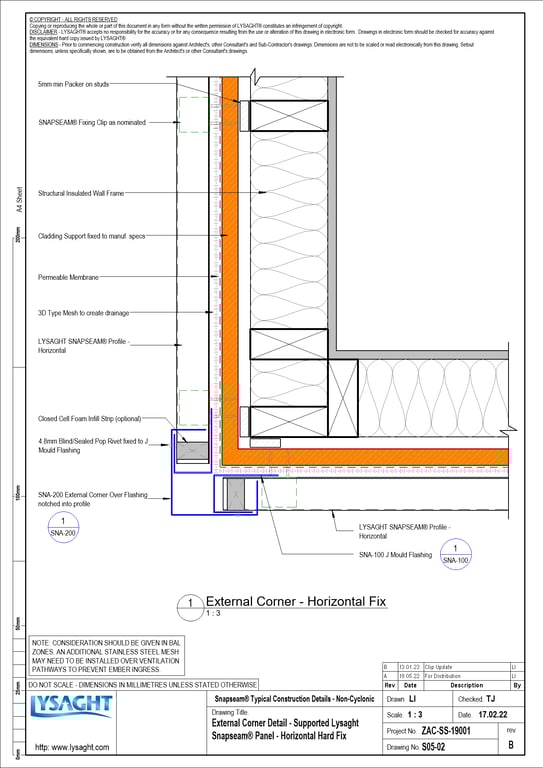 Navigate to S05-02 - External Corner Detail - Supported Lysaght Snapseam® Panel - Horizontal Hard Fix