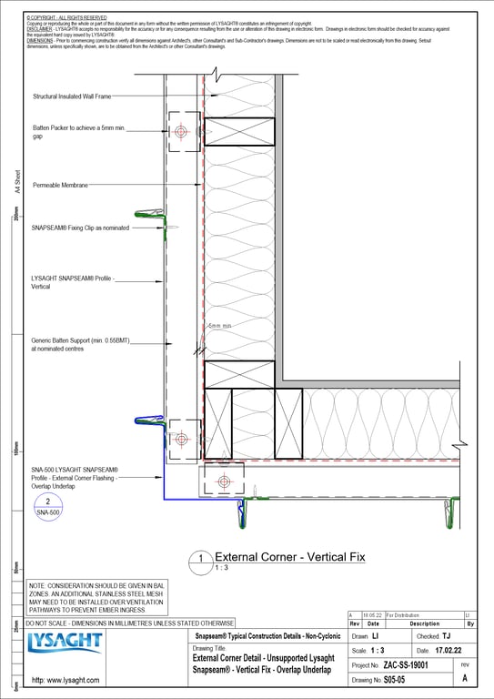Navigate to S05-05 - External Corner Detail - Unsupported Lysaght Snapseam® - Vertical Fix - Overlap Underlap