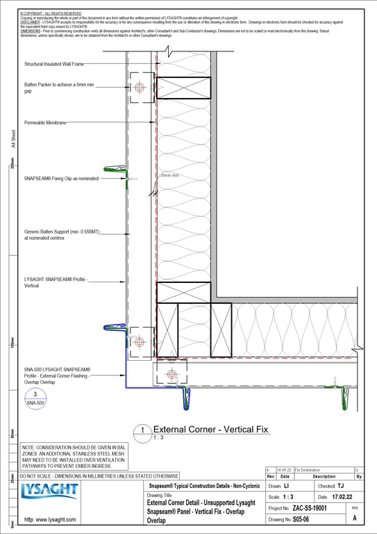 Navigate to S05-06 - External Corner Detail - Unsupported Lysaght Snapseam® Panel - Vertical Fix - Overlap Overlap