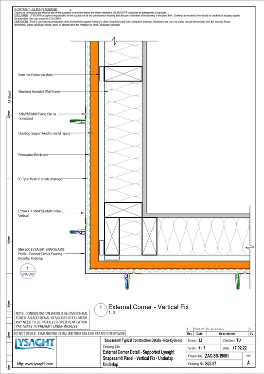 S05-07 - External Corner Detail - Supported Lysaght Snapseam® Panel - Vertical Fix - Underlap Underlap