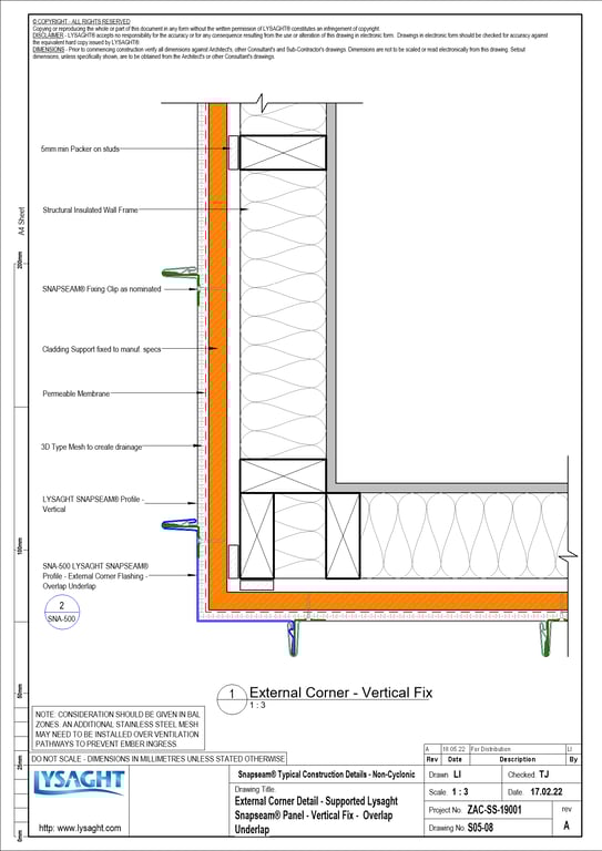 Navigate to S05-08 - External Corner Detail - Supported Lysaght Snapseam® Panel - Vertical Fix -  Overlap Underlap