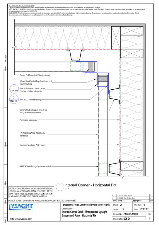 Navigate to S06-01 - Internal Corner Detail - Unsupported Lysaght Snapseam® Panel - Horizontal Fix