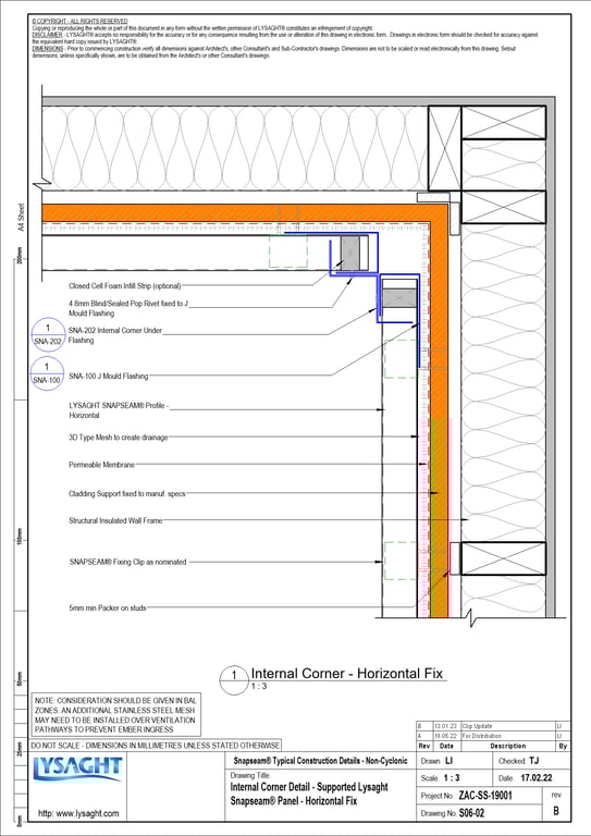 Navigate to S06-02 - Internal Corner Detail - Supported Lysaght Snapseam® Panel - Horizontal Fix