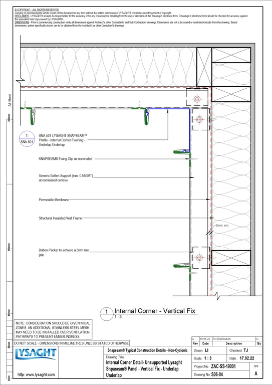 Navigate to S06-04 - Internal Corner Detail- Unsupported Lysaght Snpaseam® Panel - Vertical Fix - Underlap Underlap