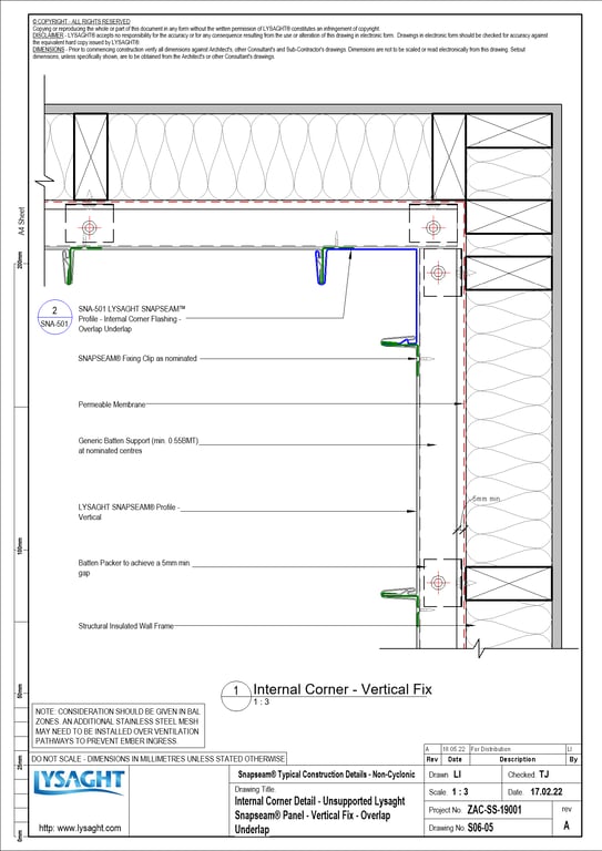 S06-05 - Internal Corner Detail - Unsupported Lysaght Snapseam® Panel - Vertical Fix - Overlap Underlap