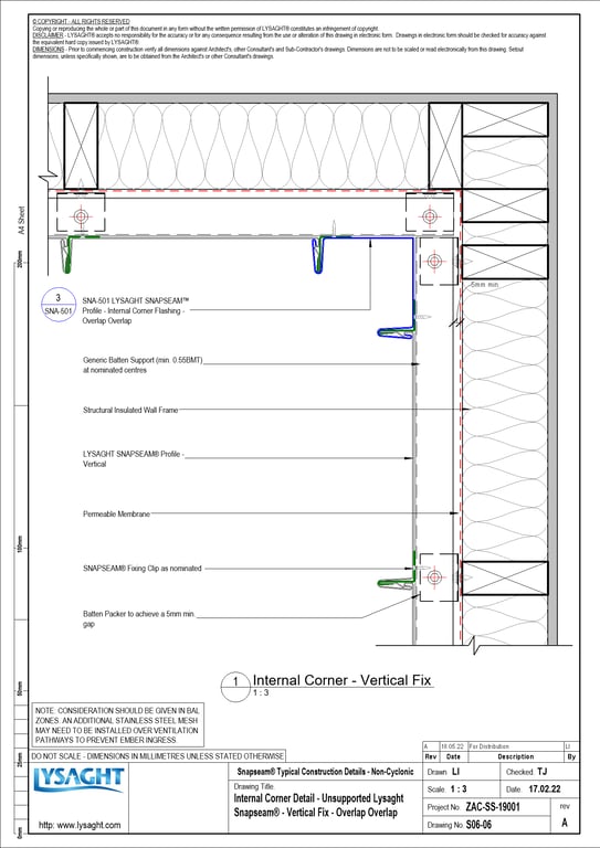 Navigate to S06-06 - Internal Corner Detail - Unsupported Lysaght Snapseam® - Vertical Fix - Overlap Overlap