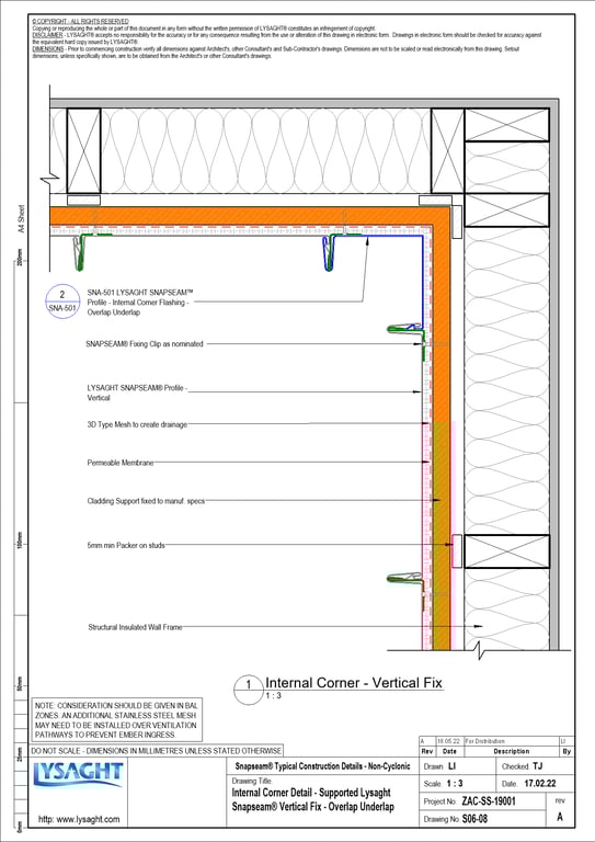 Navigate to S06-08 - Internal Corner Detail - Supported Lysaght Snapseam® Vertical Fix - Overlap Underlap