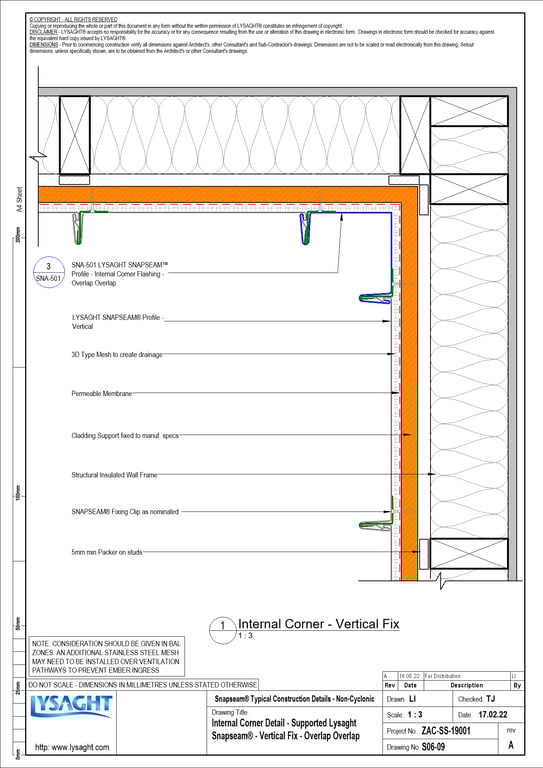 Navigate to S06-09 - Internal Corner Detail - Supported Lysaght Snapseam® - Vertical Fix - Overlap Overlap