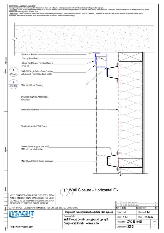 Navigate to S07-01 - Wall Closure Detail - Unsupported Lysaght Snapseam® Panel - Horizontal Fix