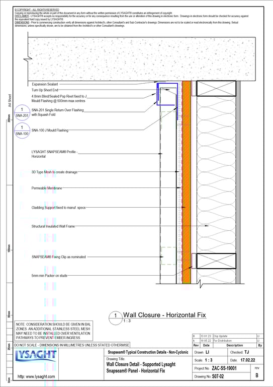 Navigate to S07-02 - Wall Closure Detail - Supported Lysaght Snapseam® Panel - Horizontal Fix