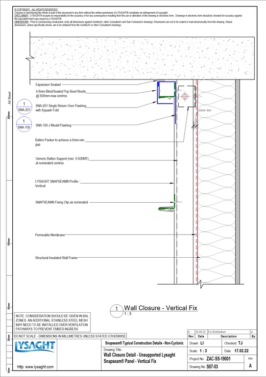 Navigate to S07-03 - Wall Closure Detail - Unsupported Lysaght Snapseam® Panel - Vertical Fix