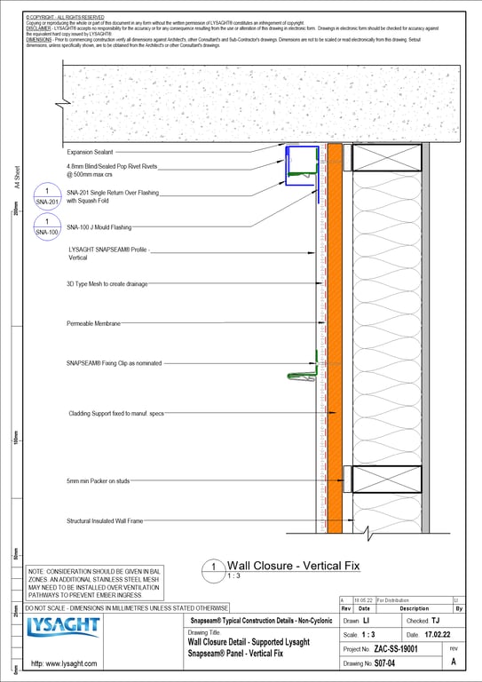 Navigate to S07-04 - Wall Closure Detail - Supported Lysaght Snapseam® Panel - Vertical Fix