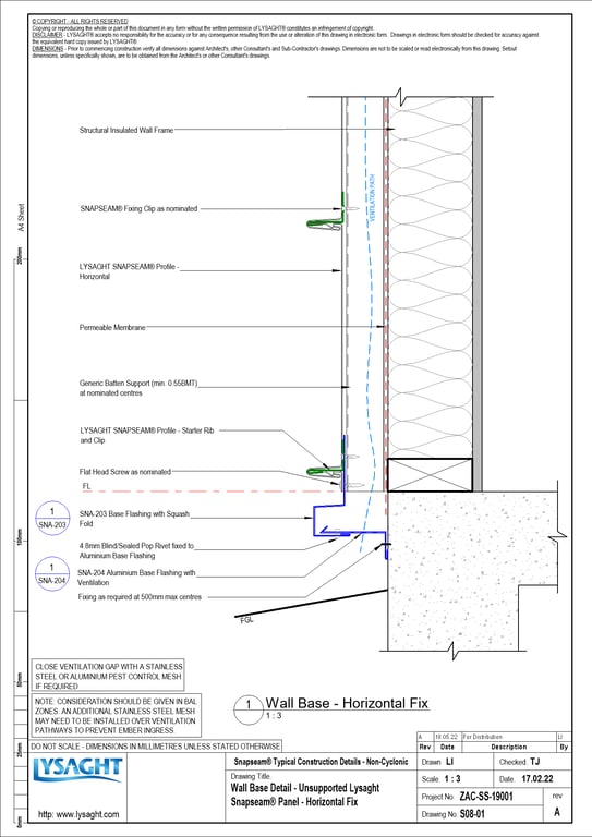 Navigate to S08-01 - Wall Base Detail - Unsupported Lysaght Snapseam® Panel - Horizontal Fix