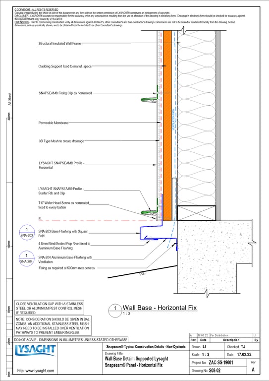 Navigate to S08-02 - Wall Base Detail - Supported Lysaght Snapseam® Panel - Horizontal Fix