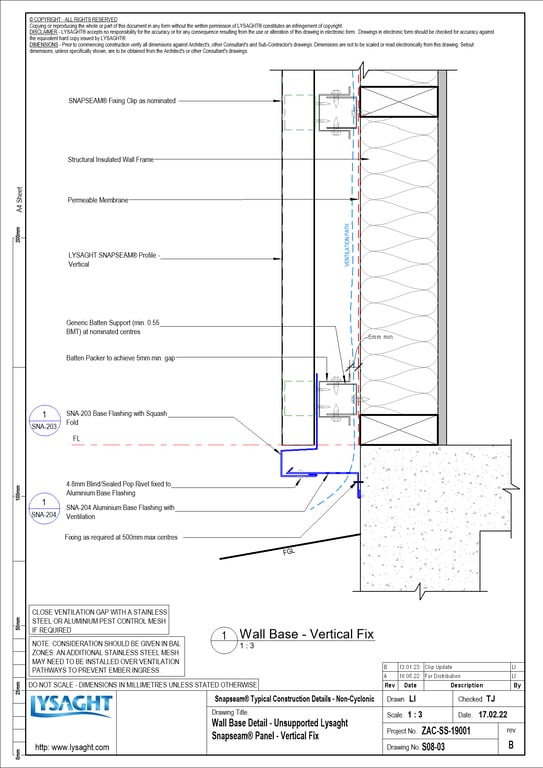 Navigate to S08-03 - Wall Base Detail - Unsupported Lysaght Snapseam® Panel - Vertical Fix