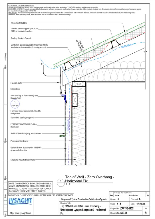 Navigate to S09-01 - Top of Wall Eave Detail - Zero Overhang - Unsupported Lysaght Snapseam® - Horizontal Fix