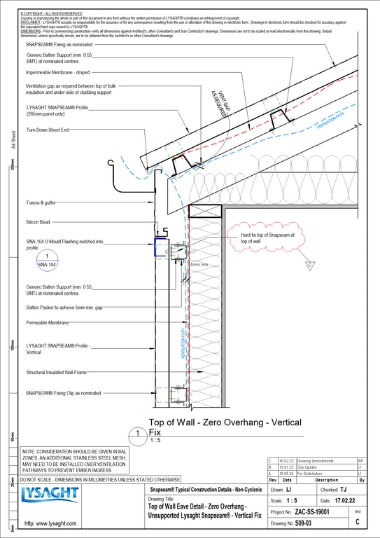 Navigate to S09-03 - Top of Wall Eave Detail - Zero Overhang - Unsupported Lysaght Snapseam® - Vertical Fix