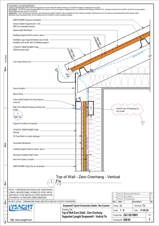 Navigate to S09-04 - Top of Wall Eave Detail - Zero Overhang - Supported Lysaght Snapseam® - Vertical Fix