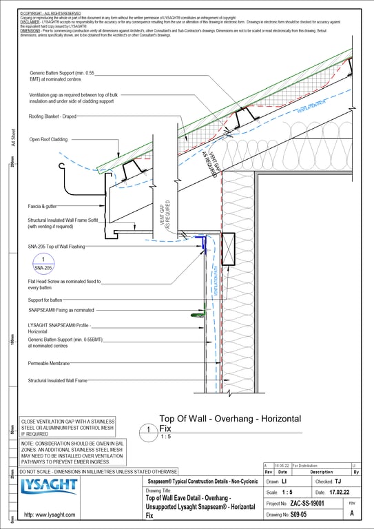 Navigate to S09-05 - Top of Wall Eave Detail - Overhang - Unsupported Lysaght Snapseam® - Horizontal Fix