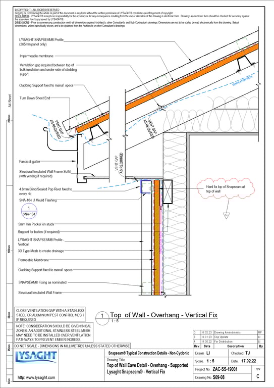 Navigate to S09-08 - Top of Wall Eave Detail - Overhang - Supported Lysaght Snapseam® - Vertical Fix