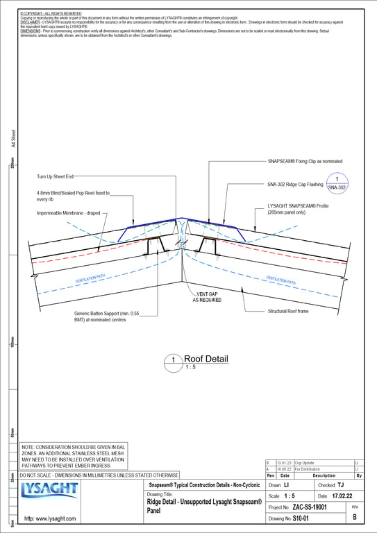 Navigate to S10-01 - Ridge Detail - Unsupported Lysaght Snapseam® Panel