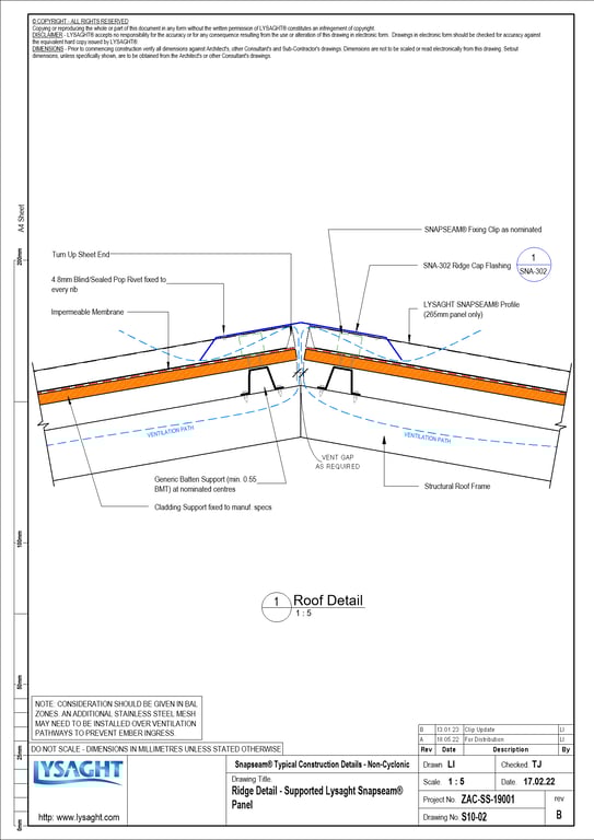 Navigate to S10-02 - Ridge Detail - Supported Lysaght Snapseam® Panel