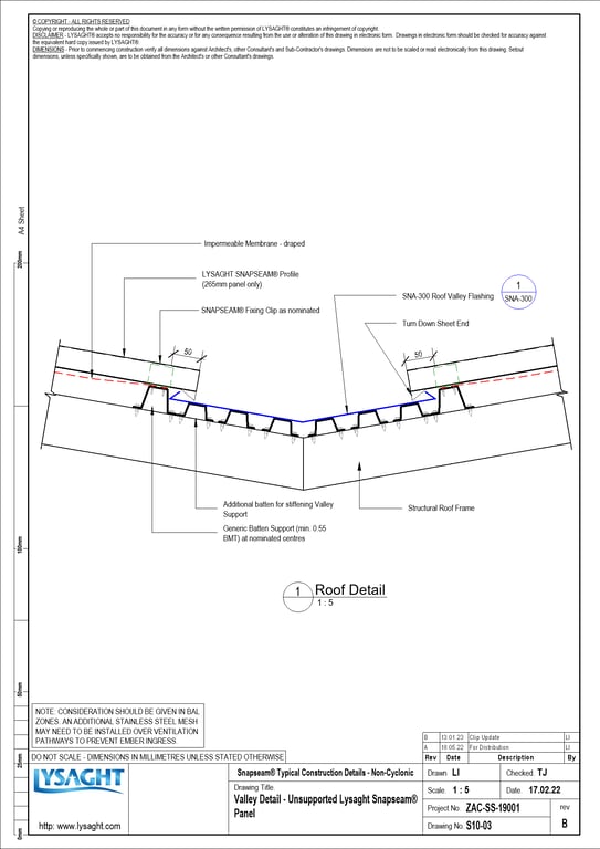 Navigate to S10-03 - Valley Detail - Unsupported Lysaght Snapseam® Panel