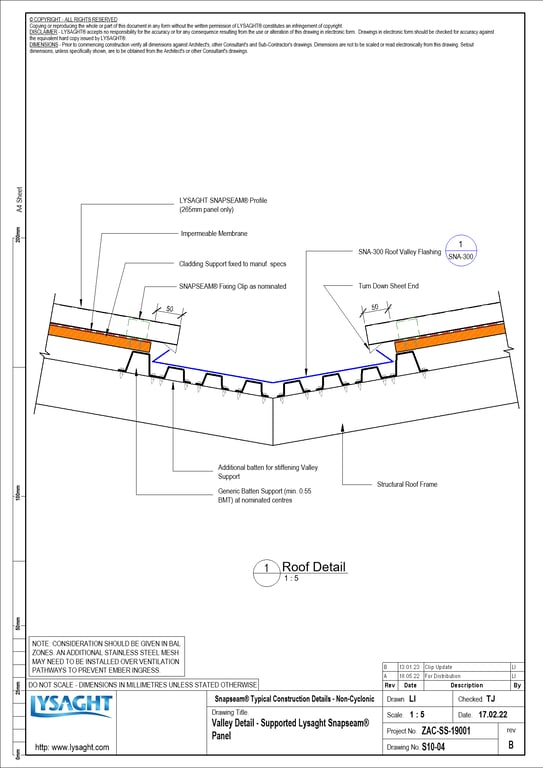 Navigate to S10-04 - Valley Detail - Supported Lysaght Snapseam® Panel