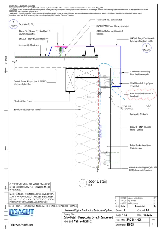 Navigate to S10-05 - Gable Detail - Unsupported Lysaght Snapseam® Roof and Wall - Vertical Fix