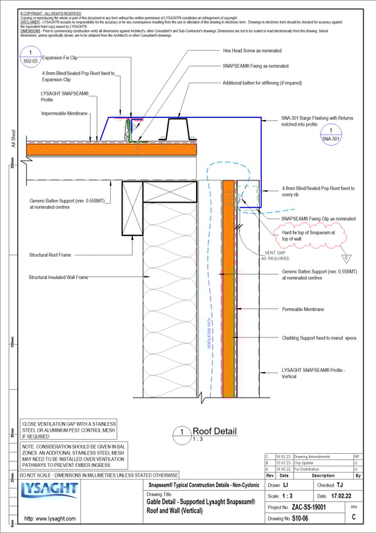 Navigate to S10-06 - Gable Detail - Supported Lysaght Snapseam® Roof and Wall (Vertical)
