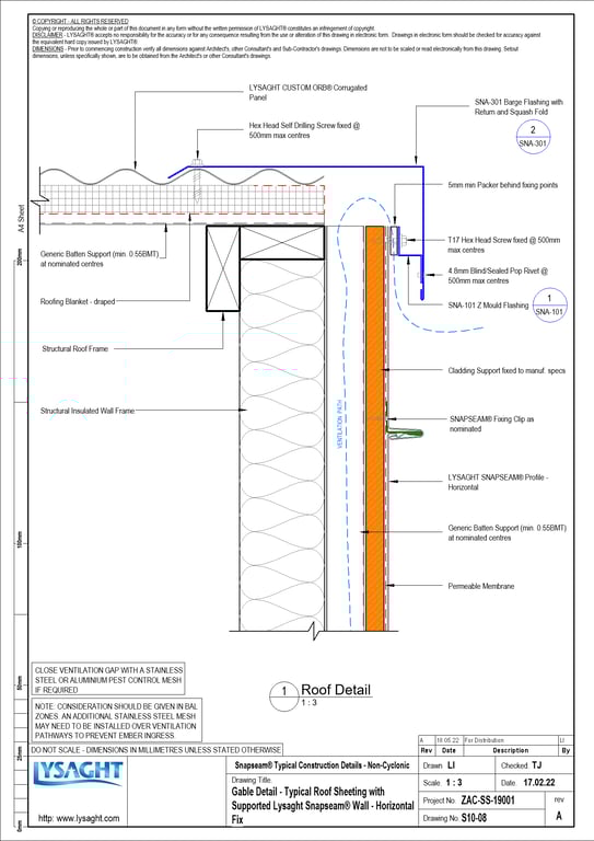 Navigate to S10-08 - Gable Detail - Typical Roof Sheeting with Supported Lysaght Snapseam® Wall - Horizontal Fix
