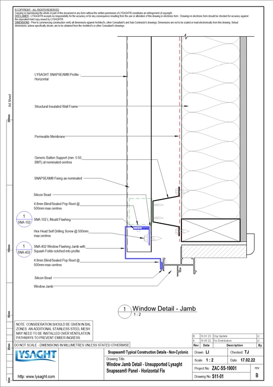 Navigate to S11-01 - Window Jamb Detail - Unsupported Lysaght Snapseam® Panel - Horizontal Fix