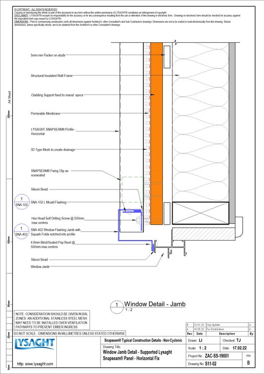 Navigate to S11-02 - Window Jamb Detail - Supported Lysaght Snapseam® Panel - Horizontal Fix