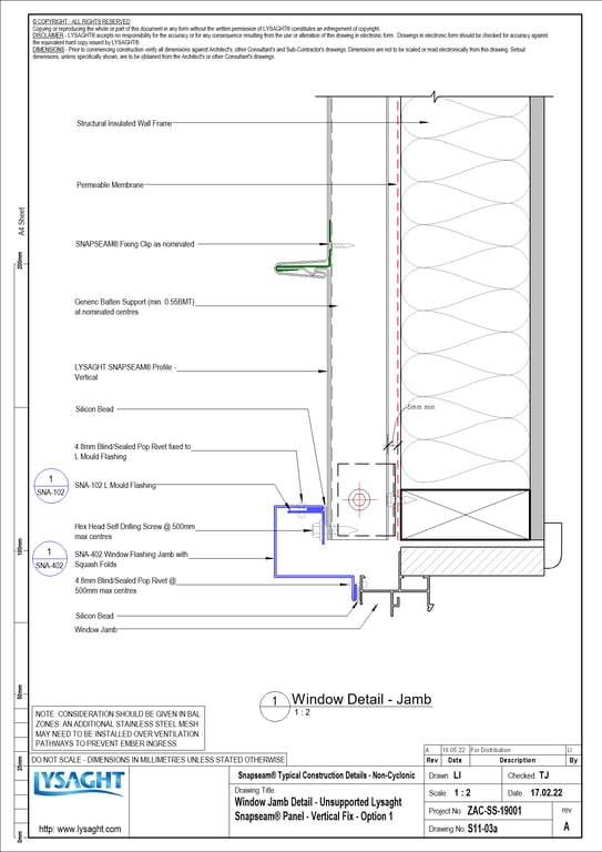 S11-03a - Window Jamb Detail - Unsupported Lysaght Snapseam® Panel - Vertical Fix - Option 1