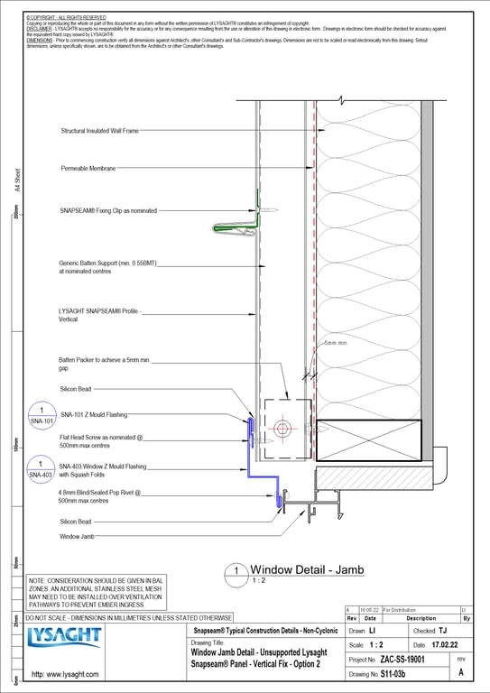 Navigate to S11-03b - Window Jamb Detail - Unsupported Lysaght Snapseam® Panel - Vertical Fix - Option 2