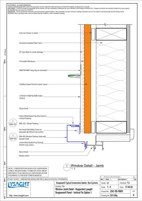 Navigate to S11-04a - Window Jamb Detail - Supported Lysaght Snapseam® Panel - Vertical Fix Option 1