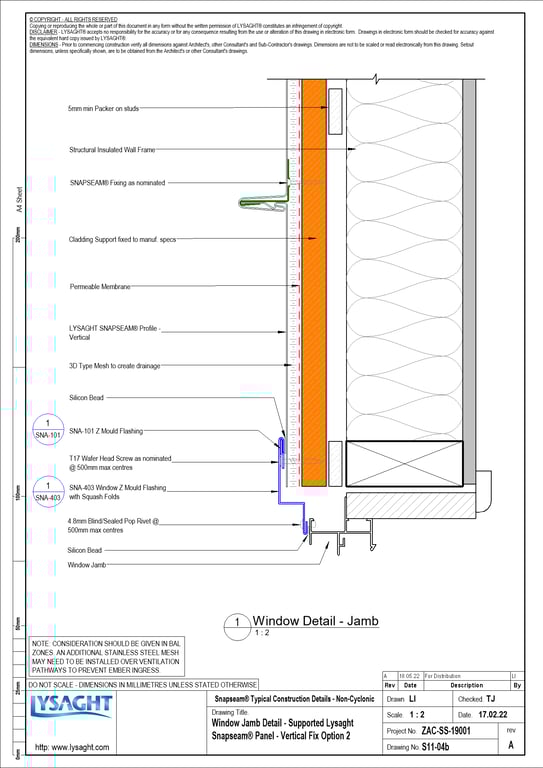 Navigate to S11-04b - Window Jamb Detail - Supported Lysaght Snapseam® Panel - Vertical Fix Option 2