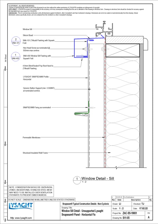 Navigate to S11-05 - Window Sill Detail - Unsupported Lysaght Snapseam® Panel - Horizontal Fix