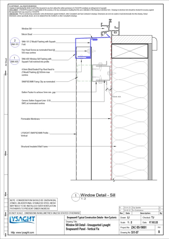 Navigate to S11-07 - Window Sill Detail - Unsupported Lysaght Snapseam® Panel - Vertical Fix