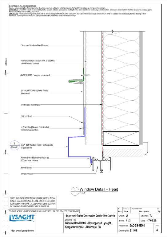 Navigate to S11-09 - Window Head Detail - Unsupported Lysaght Snapseam® Panel - Horizontal Fix