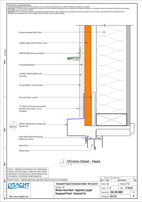 Navigate to S11-10 - Window Head Detail - Supported Lysaght Snapseam® Panel - Horizontal Fix