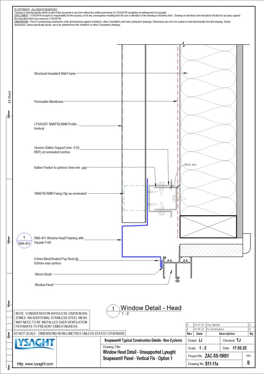 Navigate to S11-11a - Window Head Detail - Unsupported Lysaght Snapseam® Panel - Vertical Fix - Option 1