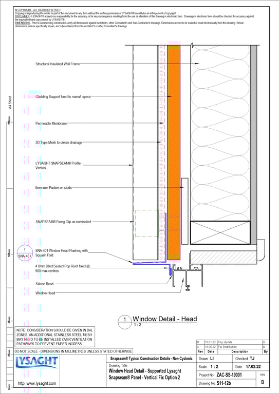 Navigate to S11-12b - Window Head Detail - Supported Lysaght Snapseam® Panel - Vertical Fix Option 2