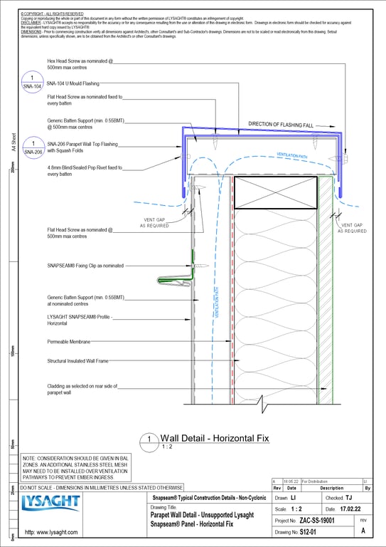 Navigate to S12-01 - Parapet Wall Detail - Unsupported Lysaght Snapseam® Panel - Horizontal Fix