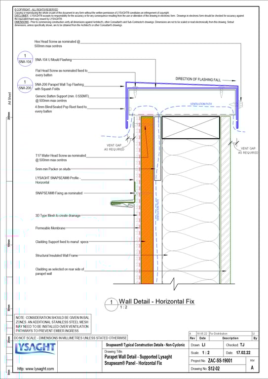 Navigate to S12-02 - Parapet Wall Detail - Supported Lysaght Snapseam® Panel - Horizontal Fix