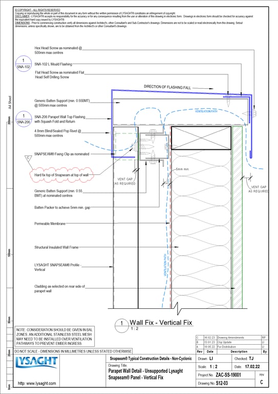 Navigate to S12-03 - Parapet Wall Detail - Unsupported Lysaght Snapseam® Panel - Vertical Fix