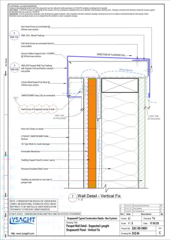 Navigate to S12-04 - Parapet Wall Detail - Supported Lysaght Snapseam® Panel - Vertical Fix